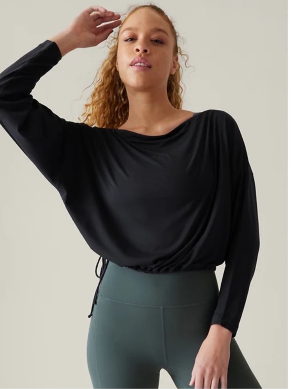 Athleta -Cool Down -Black Off-the-Shoulder Long Sleeve Top with side sting